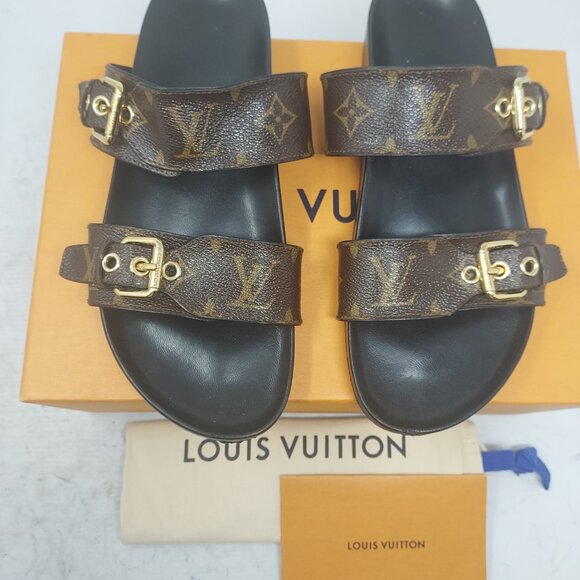 Louis Vuitton Brown Buckle Bom Dia Monogram Flat Slide Sandal - Picture 5 of 13